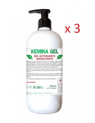 3 x Gel igienizzante mani senza risciacquo 500ml. Kemina gel