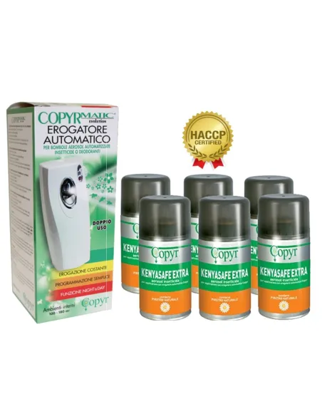 KIT EROGATORE +6 BOMBOLETTE INSETTICDA KENYASAFE EXTRA 250ML.SPRAY PER EROGATORE