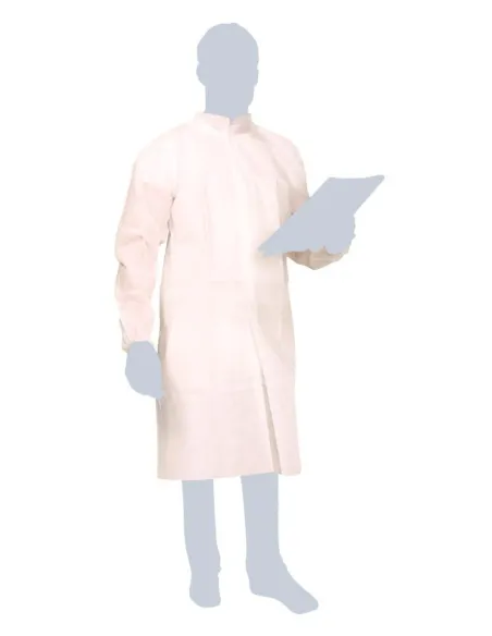 Camice monouso Vest bianco in TNT polipropilene, chiusura bottoni, elastico polsi, confezione da 100 pezzi.