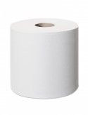 Rotolo Tork SmartOne Mini T9, confezione da 12, mostrato in uso con dispenser compatibile in bagno pubblico.