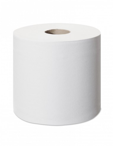 Rotolo Tork SmartOne Mini T9, confezione da 12, mostrato in uso con dispenser compatibile in bagno pubblico.