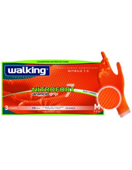 Guanti Nitrofort 7 Grip in nitrile arancio – 50 pezzi, taglia L, massima resistenza e grip professionale.
