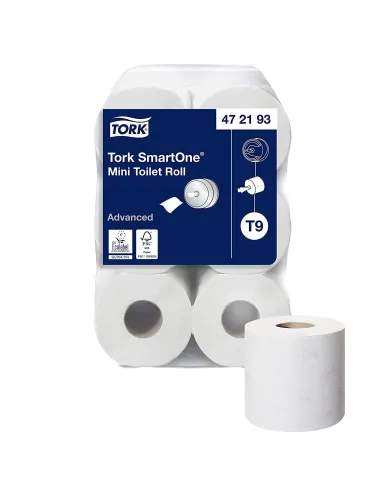 Rotolo Tork SmartOne Mini T9, confezione da 12, mostrato in uso con dispenser compatibile in bagno pubblico.