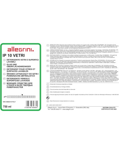 IP 10 Vetri 750ml. - Detergente  per pulire i vetri Senza Risciacquo, Efficace e Senza Aloni - Allegrini