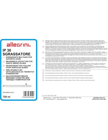12x IP 30 SGRASSATORE - Detergente Liquido Schiuma Controllata per Macchie Ostinate- Allegrini