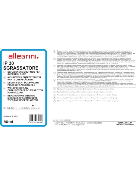 30 SGRASSATORE - Detergente Liquido Schiuma Controllata per Macchie Ostinate 750ml - Allegrini