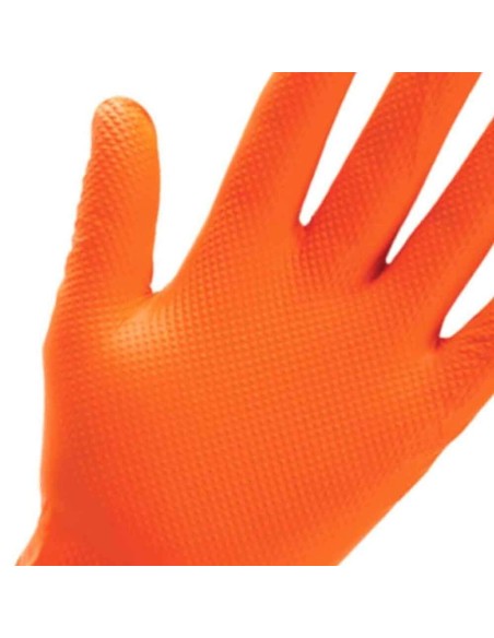 Guanti Nitrofort 7 Grip in nitrile arancio – 50 pezzi, taglia L, massima resistenza e grip professionale.