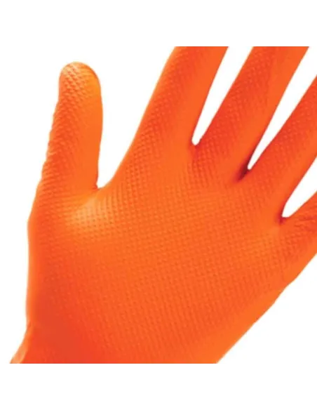 Guanti Nitrofort 7 Grip in nitrile arancio – 50 pezzi, taglia L, massima resistenza e grip professionale.