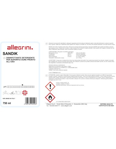 12 x Sandik 750ml. - Detergente Disinfettante per Superfici Dure Pronto all'Uso Allegrini
