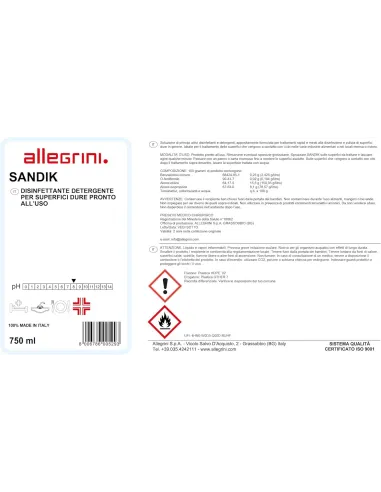 Sandik 750ml. sanificante base alcoolica senza risciacquo pronto uso con presidio medico - allegrini