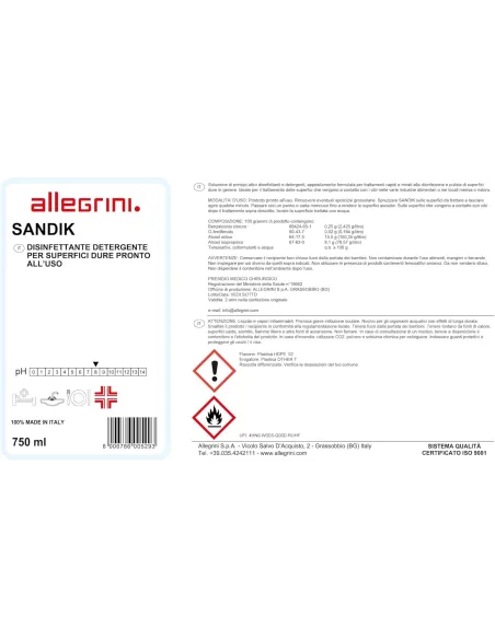 Sandik 750ml. sanificante base alcoolica senza risciacquo pronto uso con presidio medico - allegrini