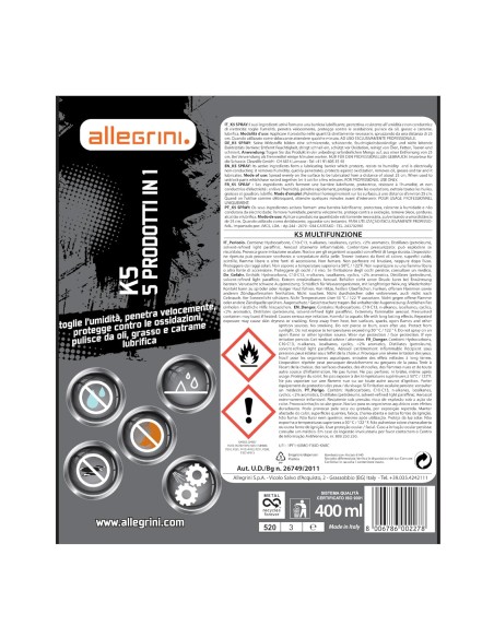 Allegrini K5 Spray Pulitore Catena Moto 5 in 1 Lubrificante Detergente 400ml