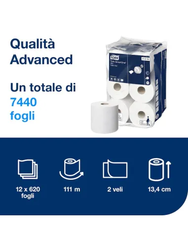 Rotolo Tork SmartOne Mini T9, confezione da 12, mostrato in uso con dispenser compatibile in bagno pubblico.