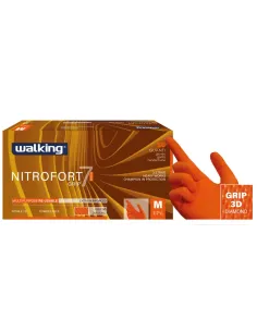 Guanti Nitrofort 7 Grip in nitrile arancio – 50 pezzi, taglia L, massima resistenza e grip professionale.