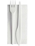 Kit posate riutilizzabili bianco 500 pz, forchetta coltello tovagliolo imbustato per catering e mense | detershoponline.it