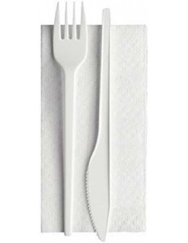 Kit posate riutilizzabili bianco 500 pz, forchetta coltello tovagliolo imbustato per catering e mense | detershoponline.it