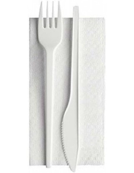 Kit posate riutilizzabili bianco 500 pz, forchetta coltello tovagliolo imbustato per catering e mense | detershoponline.it
