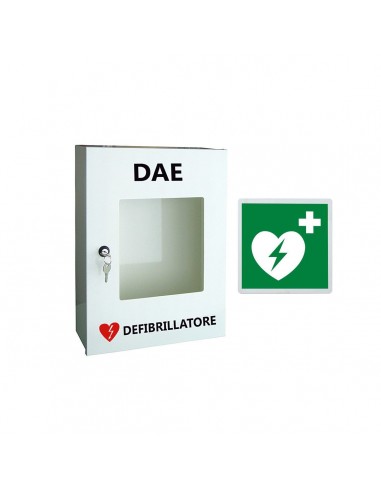 Armadio teca in metallo porta defibrillatore con cartello in metallo DAE